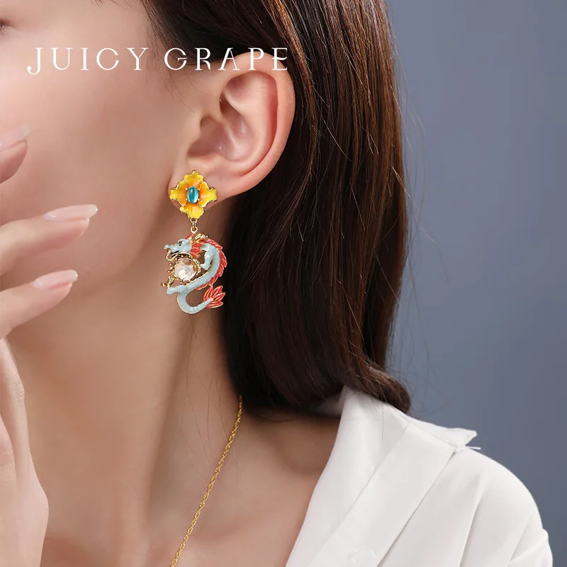 Juicy Grape Loong Earrings 925 Silver Pin For Woman Handmade Enamel Dragon Necklaces Cocktail Ring Unisex Party Colorful Jewelry