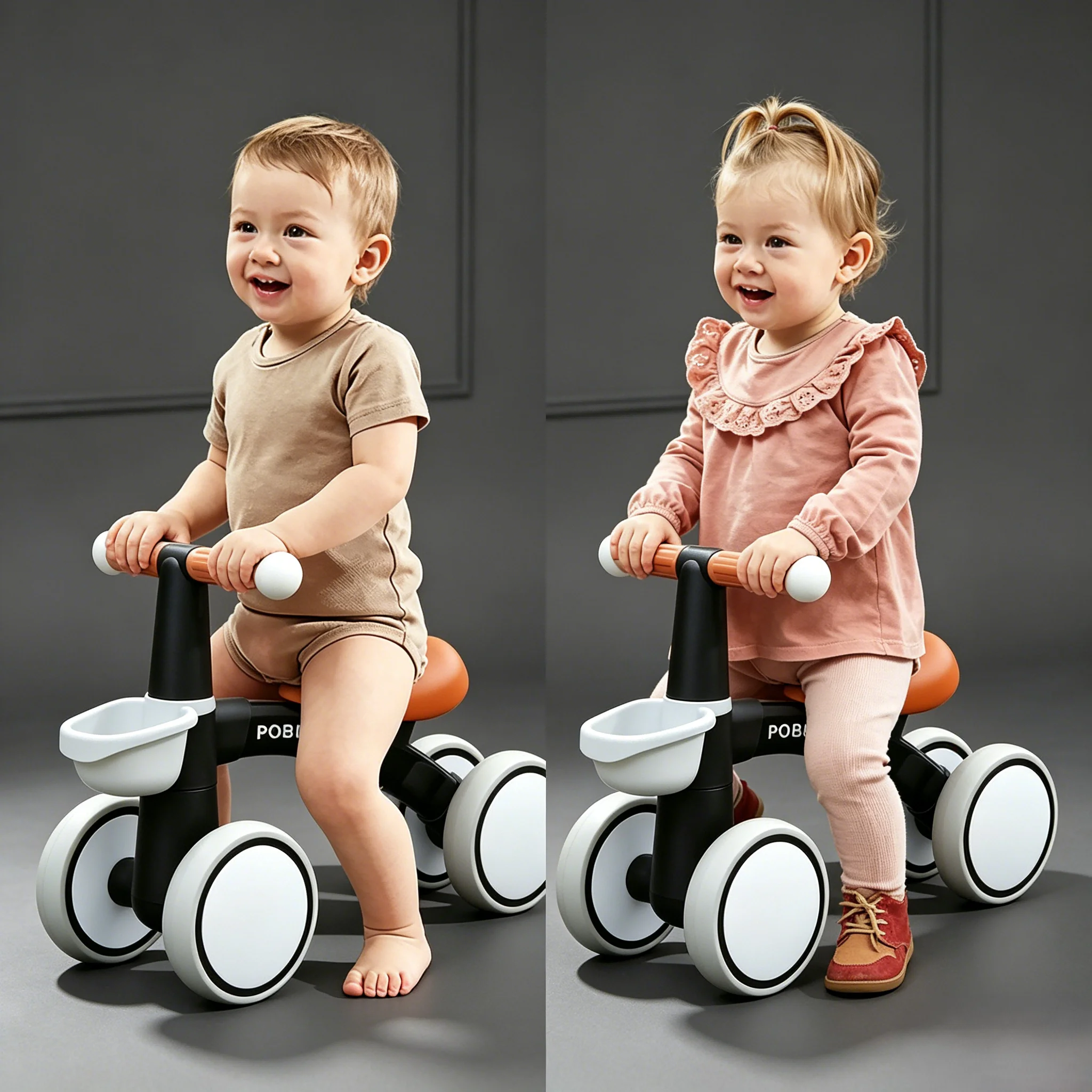 Vélo d'équilibre pour bébé à 4 roues, trotteur sans pédales, jouet d'extérieur pour tout-petits 135 °   Limiteur de direction anti-chute latérale avec panier