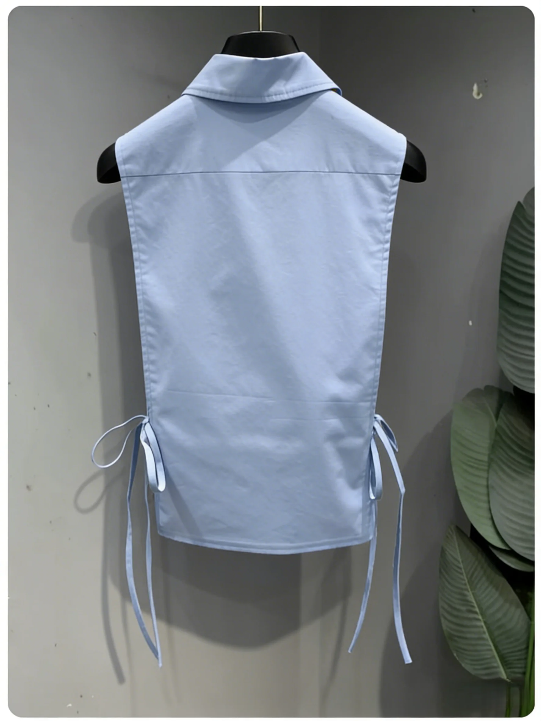 

Women Sleeveless Button Down Shirt Casual Side Tie Solid Color Blouse