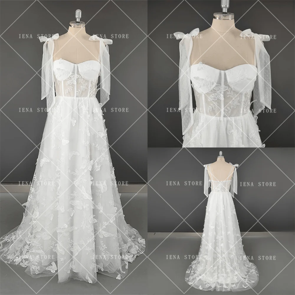 8754 # IENA White A Line Fairy Sweetheart senza maniche 3D Butterfly Lace Bow Straps High Split Romantic Formal Occasion Dress ODE