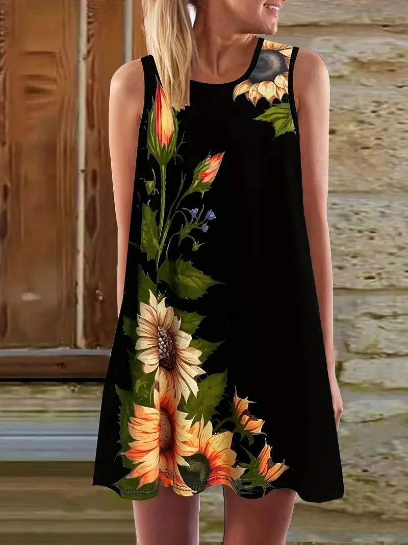 Summer New Sunflower Floral Print Round Neck Sleeveless Vest Dress Summer Resort Style Sleeveless Loose Dress For Women