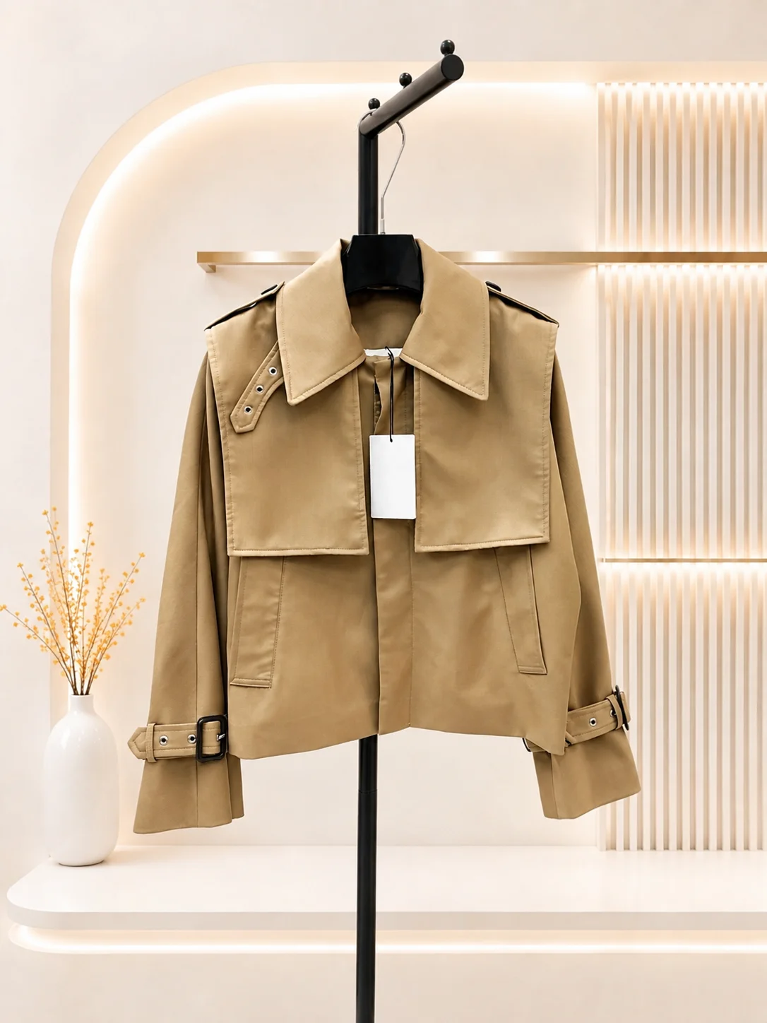 2026 Women Trench Coat Cropped Overlay Panel Lapel Jacket Custom Trench Fabric Structured Texture Cuff Strap Buckles
