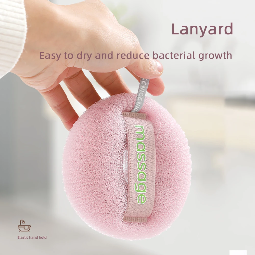 دش اللوف حمام الإسفنج مع حبل معلق التقشير لينة شبكة منظف الجسم رغوة غنية ثلاثية الأبعاد تصميم متماسكة للبشرة الناعمة