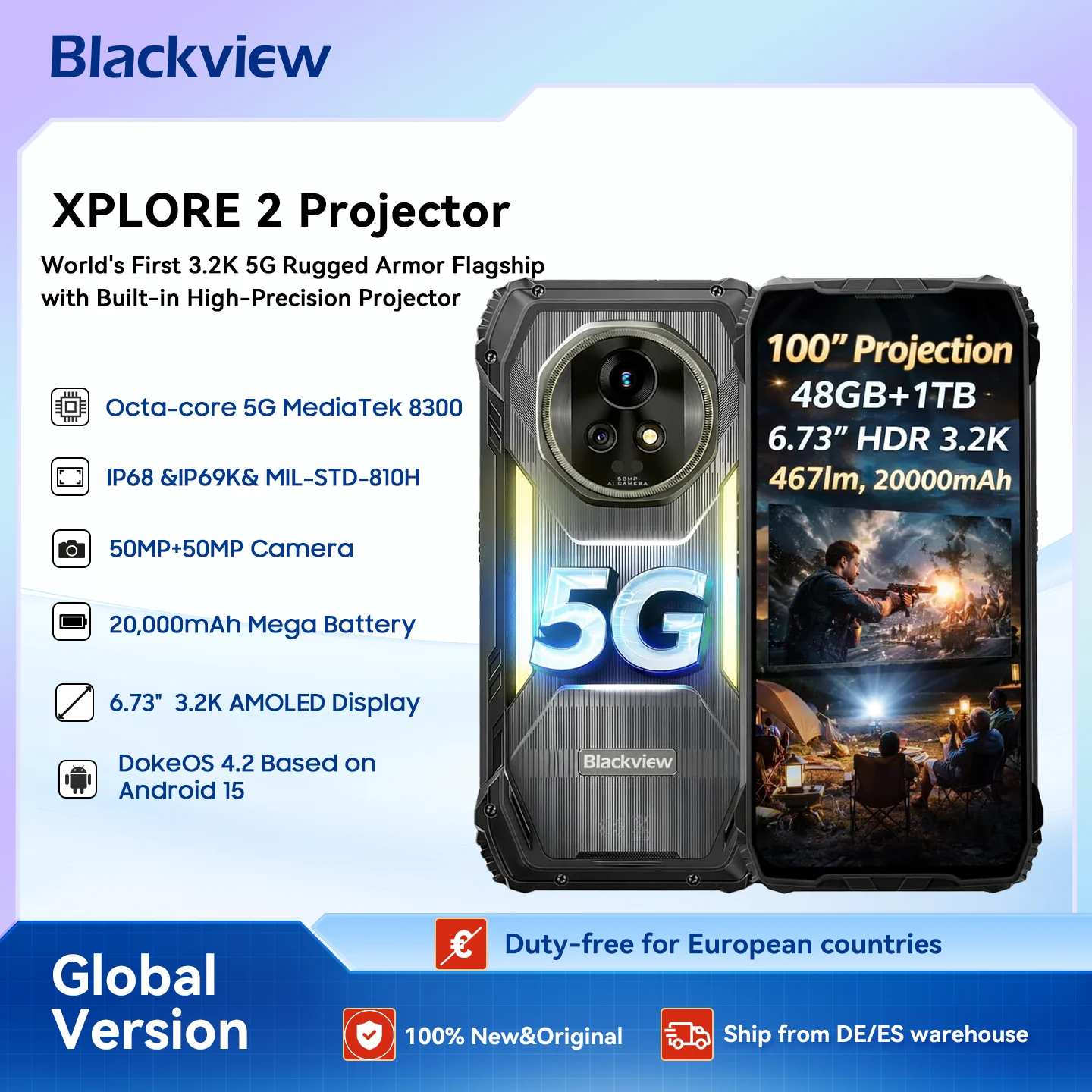 Blackview XPLORE 2 Projecteur 5G AI Smartphone robuste, écran AMOLED 6,73" 3,2K, caméra 50MP, 20000mAh, téléphone portable extérieur NFC