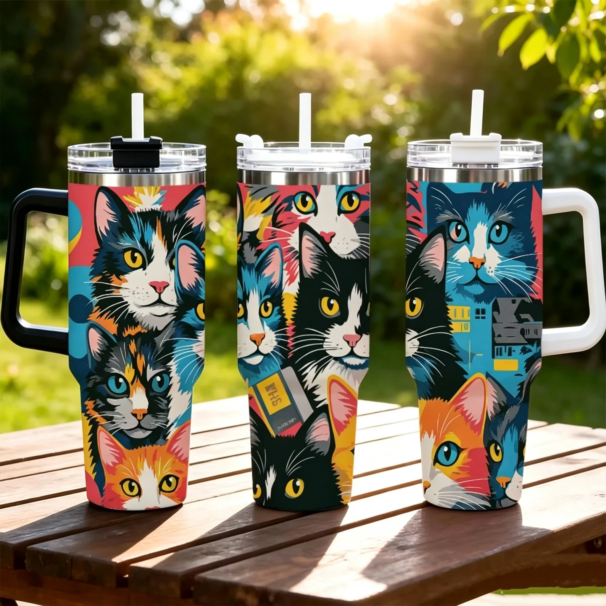 40oz Pop Art Cat Collage Tumbler With Handle Straw Lid, Double Wall Vacuum Insulated Stainless Steel Travel Mug, Colorful Kitten Portrait Print Cup For Car Outdoor