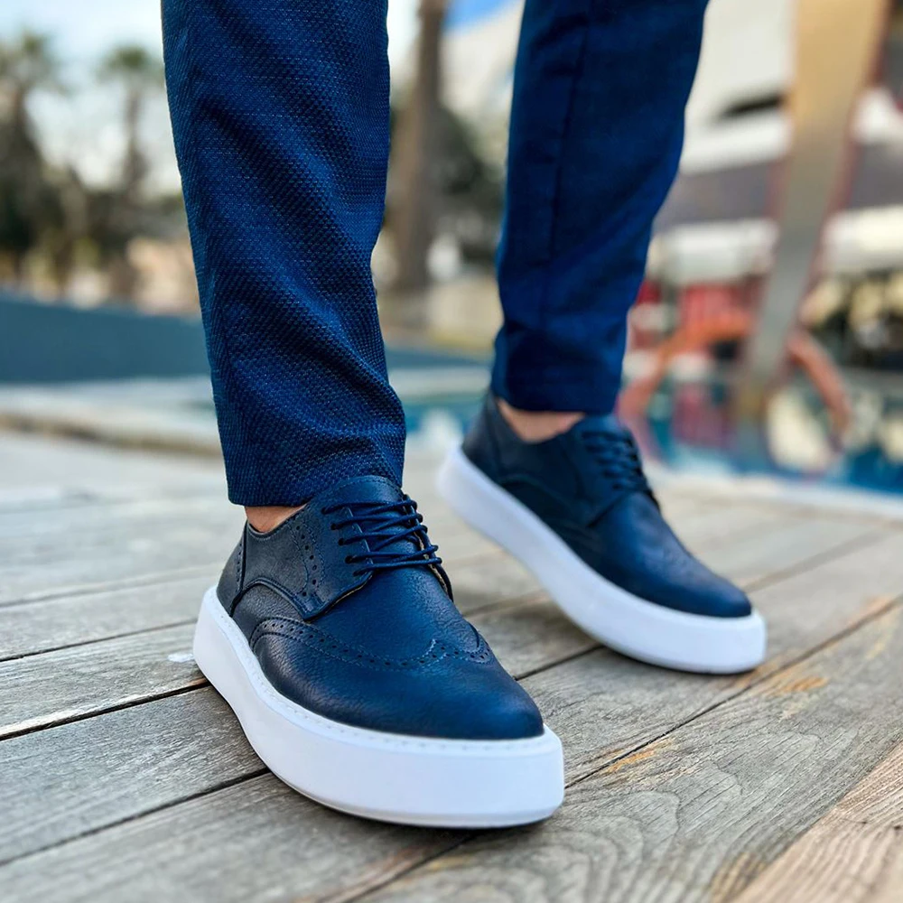 FOH Store Sneakers for Men NAVY BLUE Artificial Leather 2023 Spring Autumn Casual Lace Up Fashion Shoes High Base Sport Comfortable Light Vulcanized Daily Original Canvas Odorless Orthopedic Suits Office Wedding 149