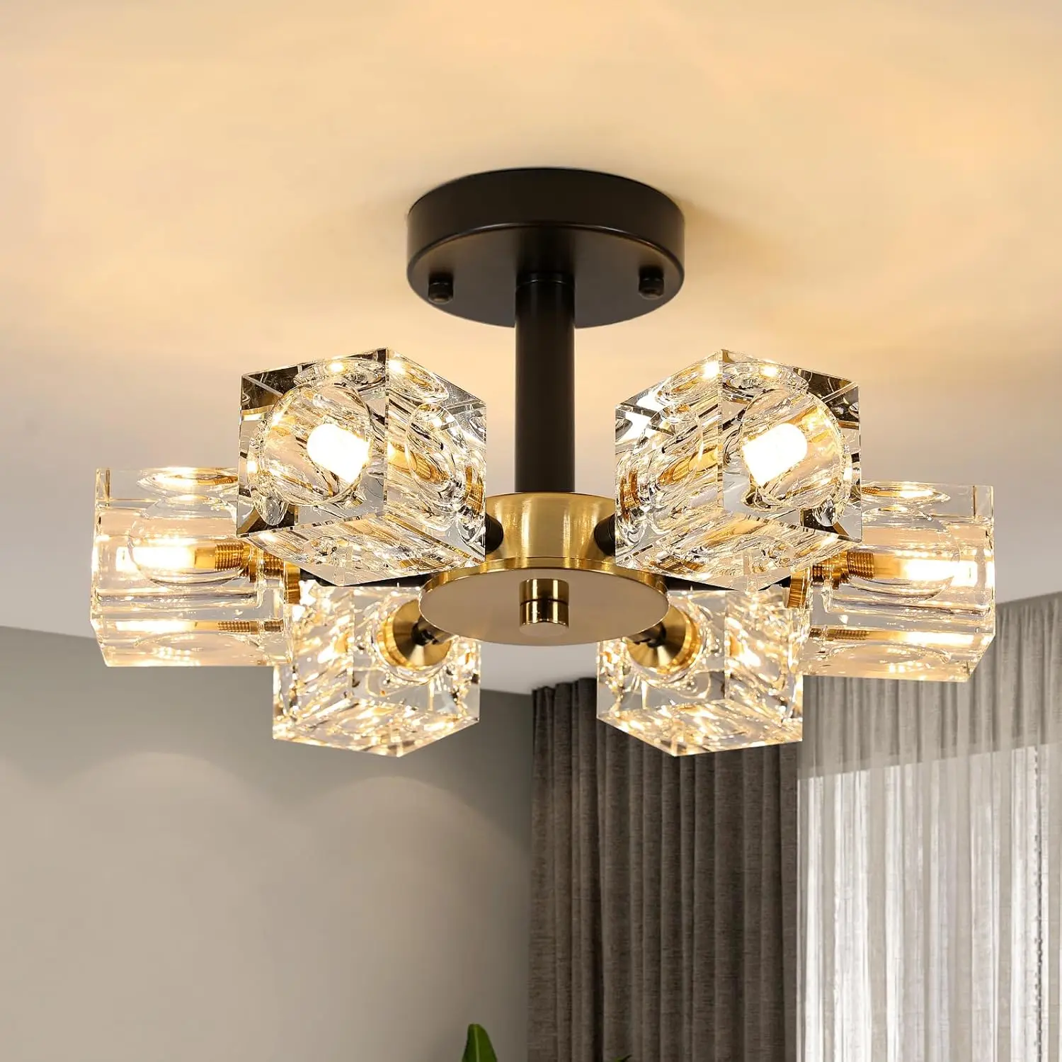 

Crystal Light Fixture,6-Light G9 head Black Gold Light Fixture,Luxury Semi Flush Mount Ceiling Light（Bulb not included）