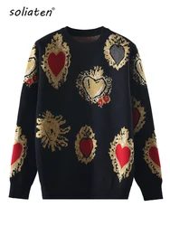 Vintag High Quality Christmas Knitted Sweater Autumn Winter Pullover Gem Heart Lurex Jacquard Knitwear Korean Loose Jumper C-025