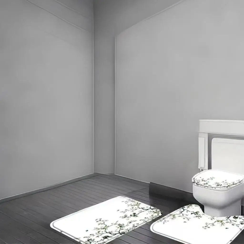 Juego de alfombras de baño con estampado de flor de ciruelo y tinta china, 3 piezas, base blanca vintage, estampado de ramas de ciruelo y pájaros, alfombra antideslizante, alfombra contorneada en forma de U y cubierta para tapa de inodoro, alfombrillas decorativas para el suelo del baño con arte oriental