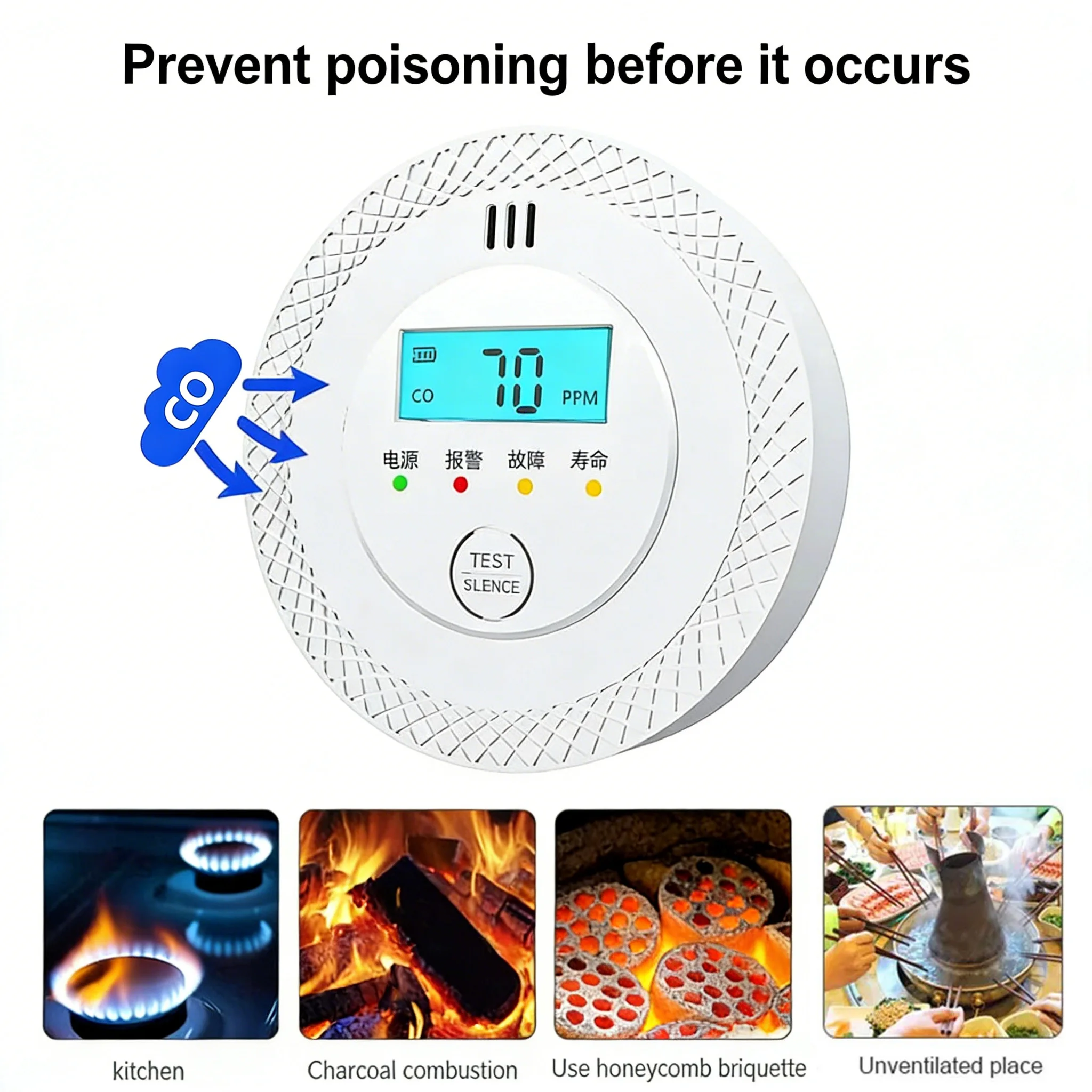 Detector de Monóxido de Carbono, Detector de Humo con Pantalla LCD, Detector de Gas CO, Alarma de Advertencia para el Hogar y la Cocina, Alarma en Tiempo Real, Funciona con Batería