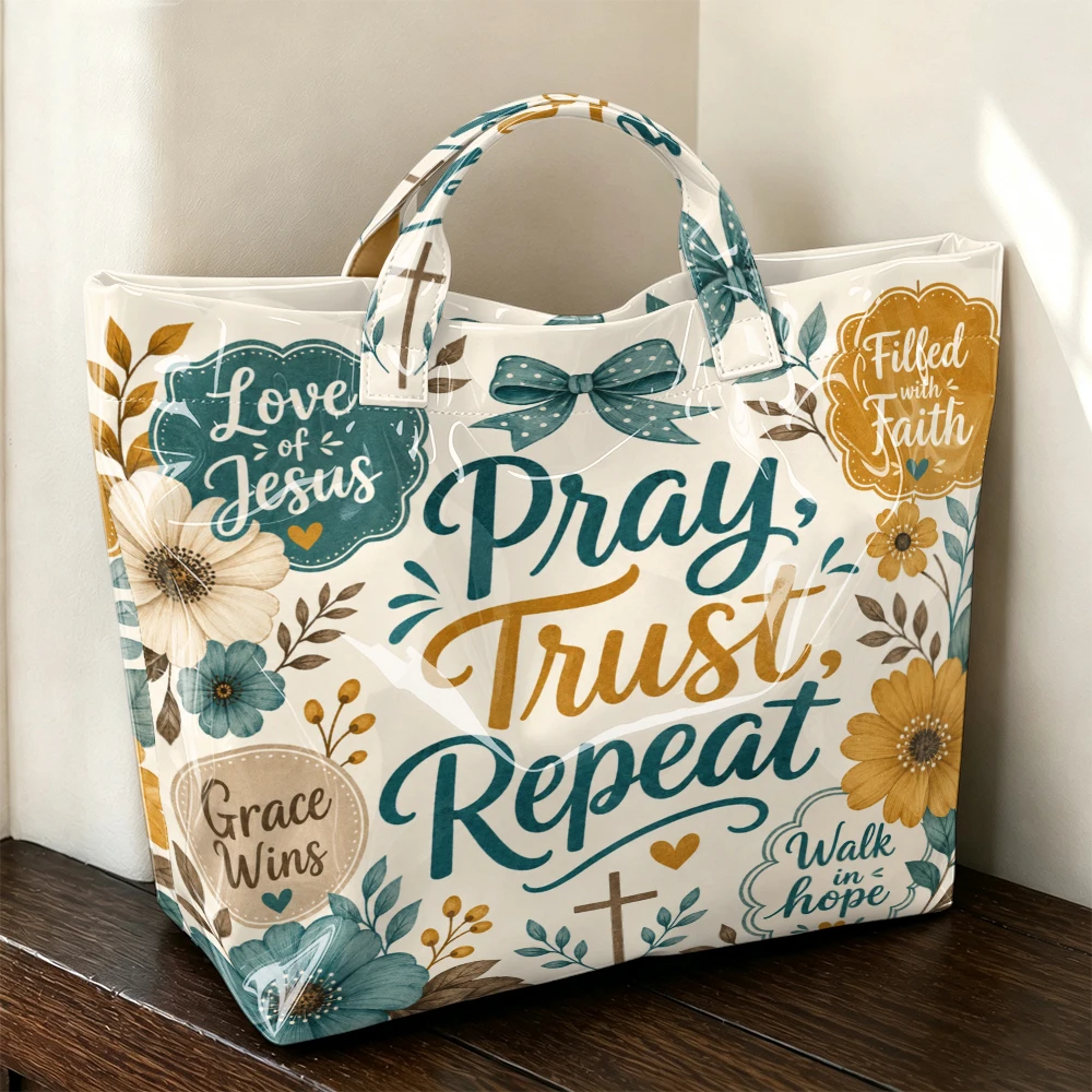 1pc Faith Inspirational Floral Letter Print Women Tote Bag Handbag, Christian Religious Large Capacity Ladies Hand Tote Bag For Daily Work