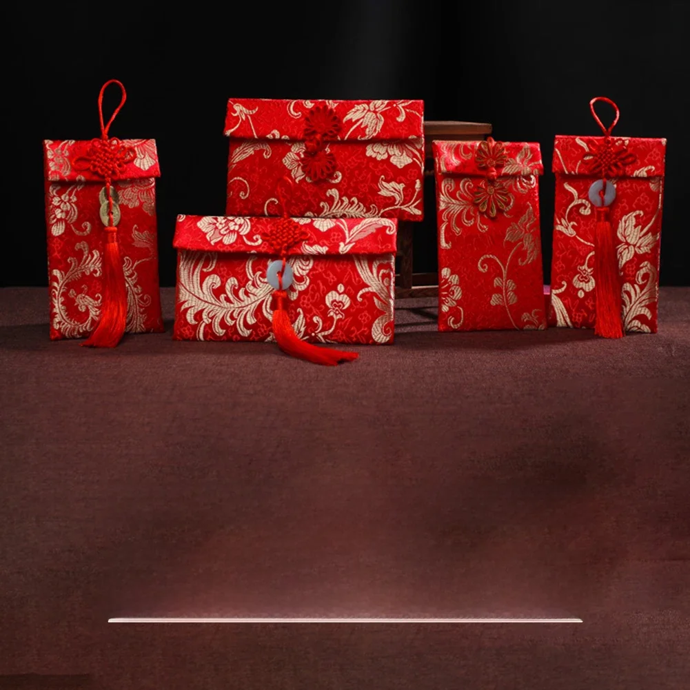 Sac enveloppe rouge en brocart de Style chinois, sac de paquets rouges porte-bonheur pour Festival de printemps, sac pour carte d'invitation d'anniversaire de mariage chinois