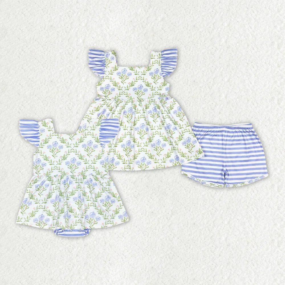 

Summer Fashion Match Baby Girls Green Blue Flowers Sibling Rompers Clothes Sets Wholesale Boutique Fashion Children Clothes