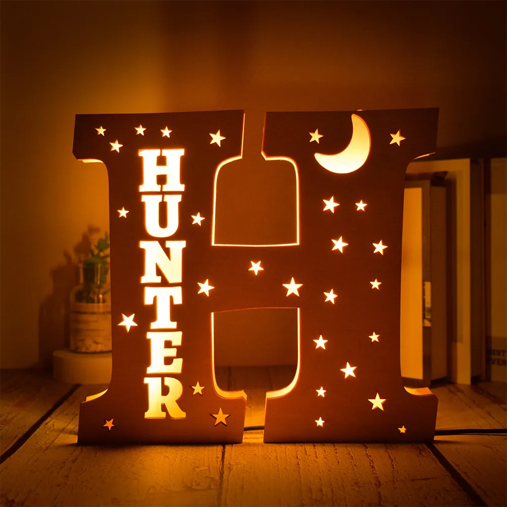 Custom Name Wall Decor LED Wall Lamp 26 Letter Hollow With Stars Moon For Couples Baby Kids Bedroom Personalized Wooden Light