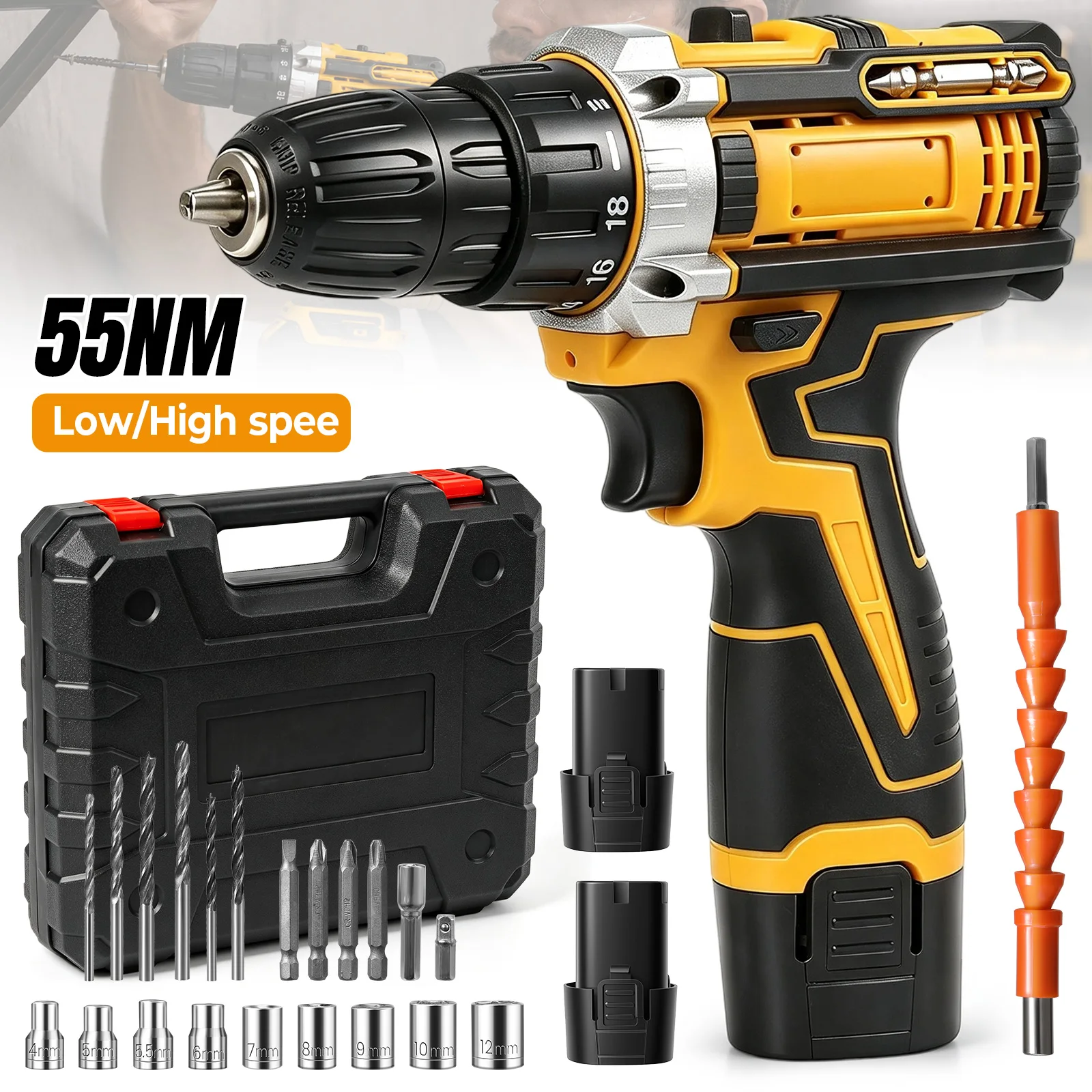 Taladro Eléctrico Inalámbrico de 50N.m con Gran Torque, Destornillador 2 en 1, Diseño Multifuncional, Ligero y Portátil, Juego de Herramientas Eléctricas con Dos Baterías