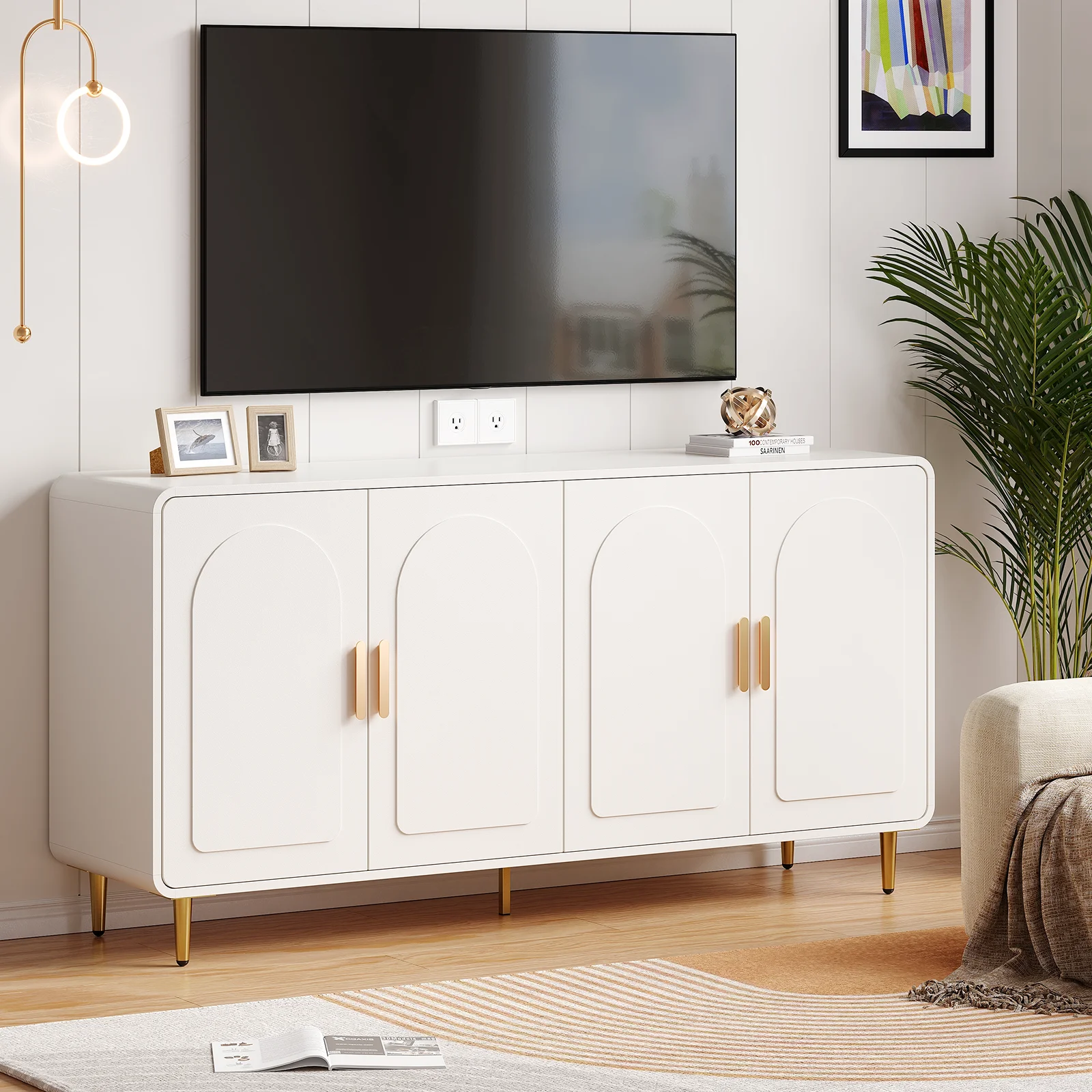 60" Sideboard Buffet Cabinet with Storage, Curved Design Cabinet with 4 Doors & Adjustable Shelves Modern Console Table image 5