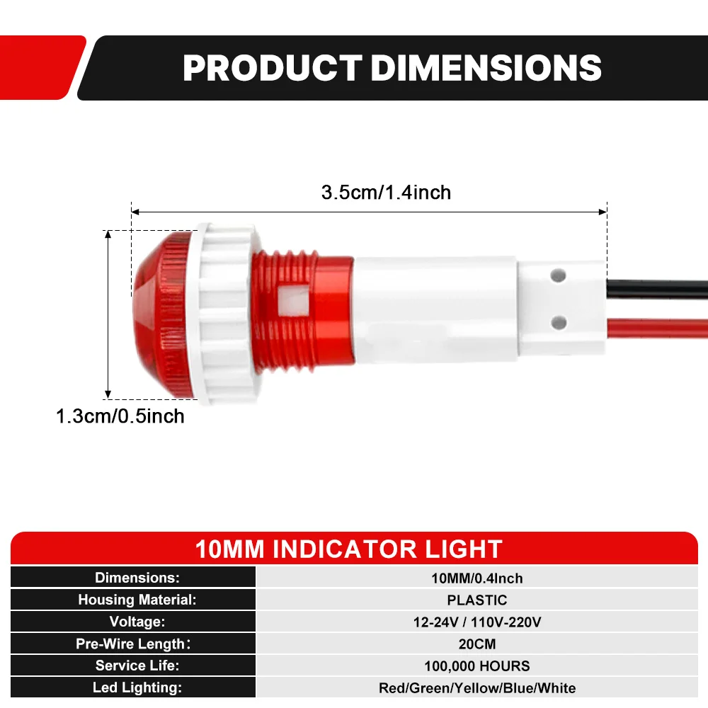 3er-Set 10mm LED-Anzeigeleuchten mit Gewinde, 12V 24V 110V 220V, vorverdrahtet, Signallampe für Auto, Boot, Haushaltsgeräte – Detail 2