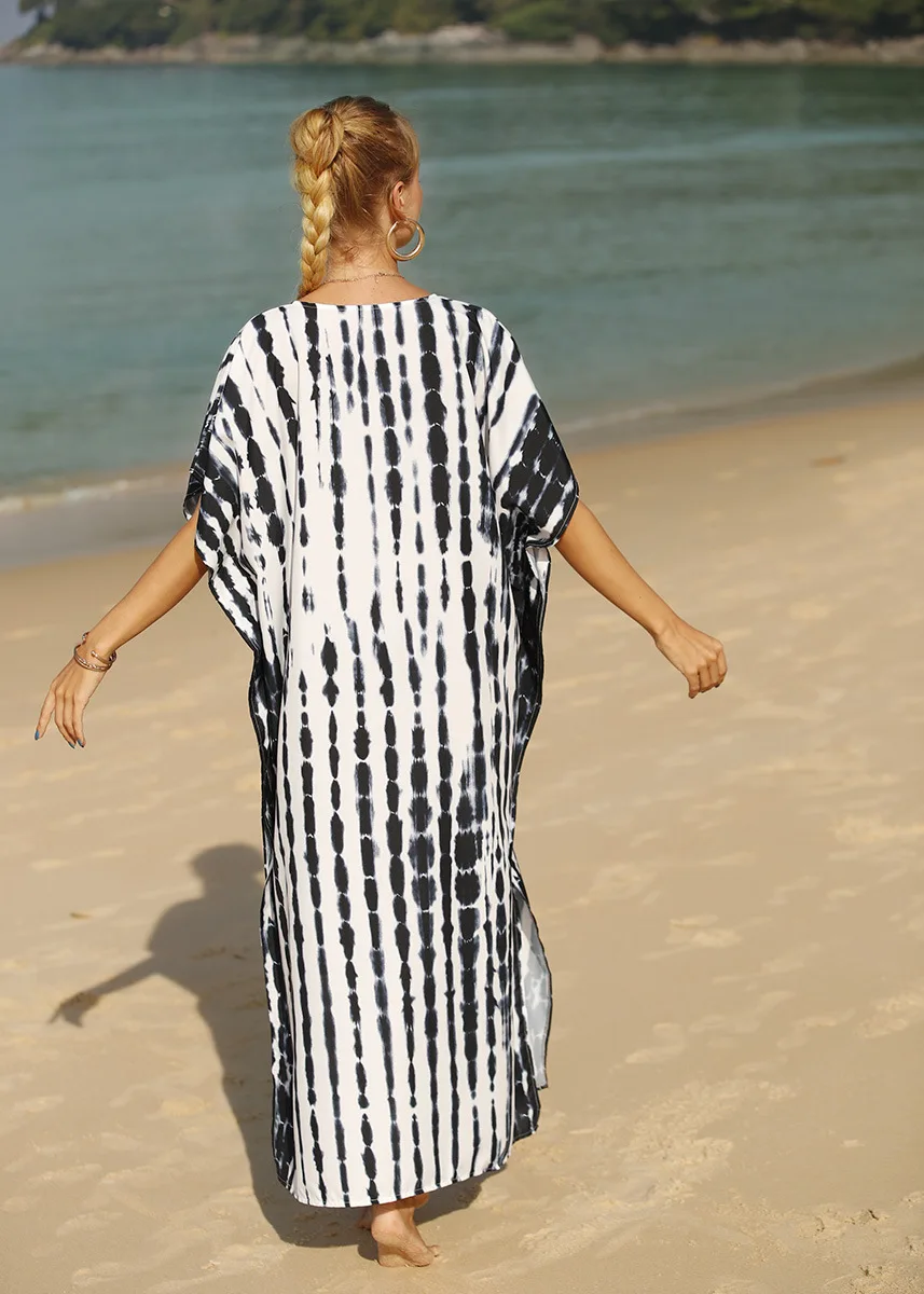 Sexy Black White Tie Dye Kaftan Dress Women Casual Oversized Beach Cover Up Summer V Neck Striped Maxi Dresses Bikini Tunics
