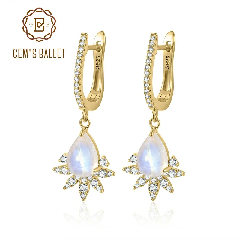 

GEM'S BALLET 925 Sterling Silver Gold Plated Earrings 6x9mm Natural Milky Blue Moonstone Dangle Earrings Wedding Fine Jewelry