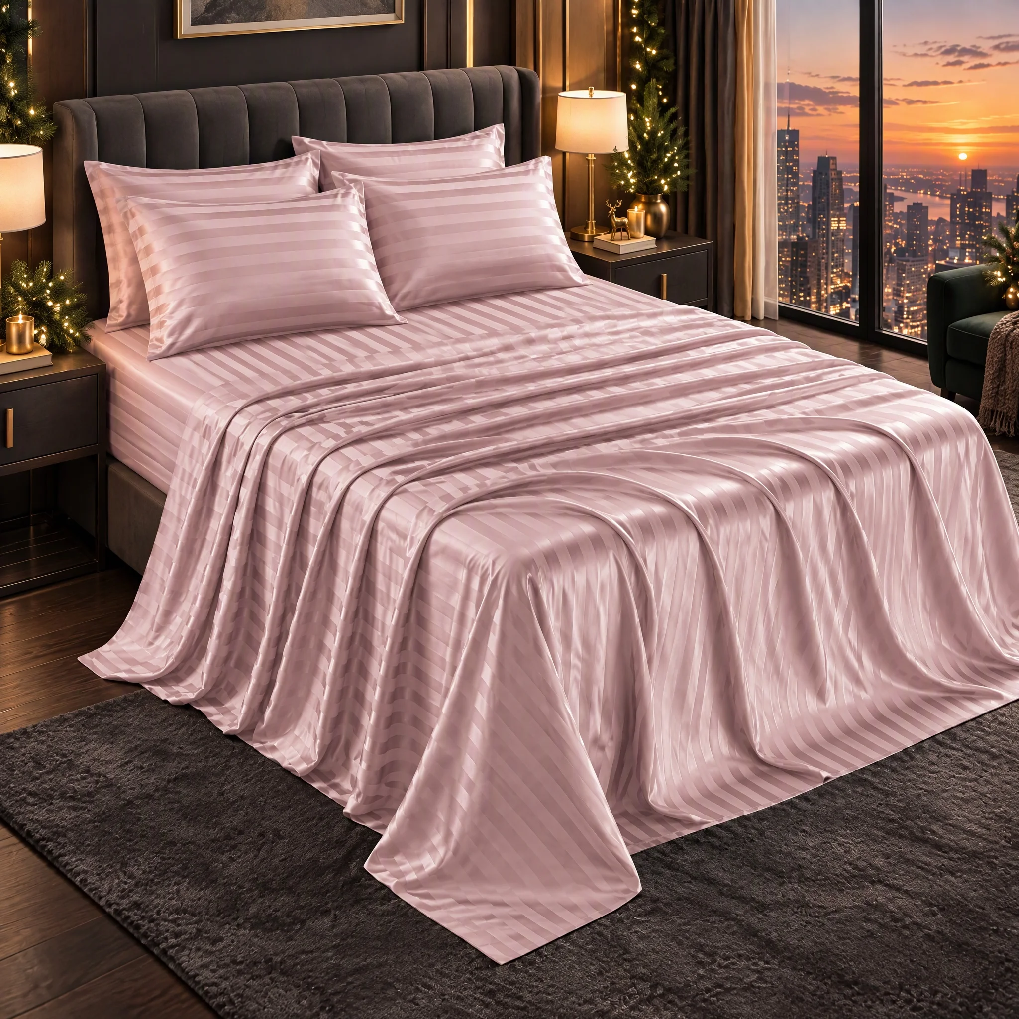 Striped Bed Sheet Set 4 Pieces, Twin Full Queen King Size, Elegant Luxury Bedding Set, Deep Pocket Fitted Sheet with Flat Sheet & Pillowcases, Wrinkle Resistant for Bedroom Decor
