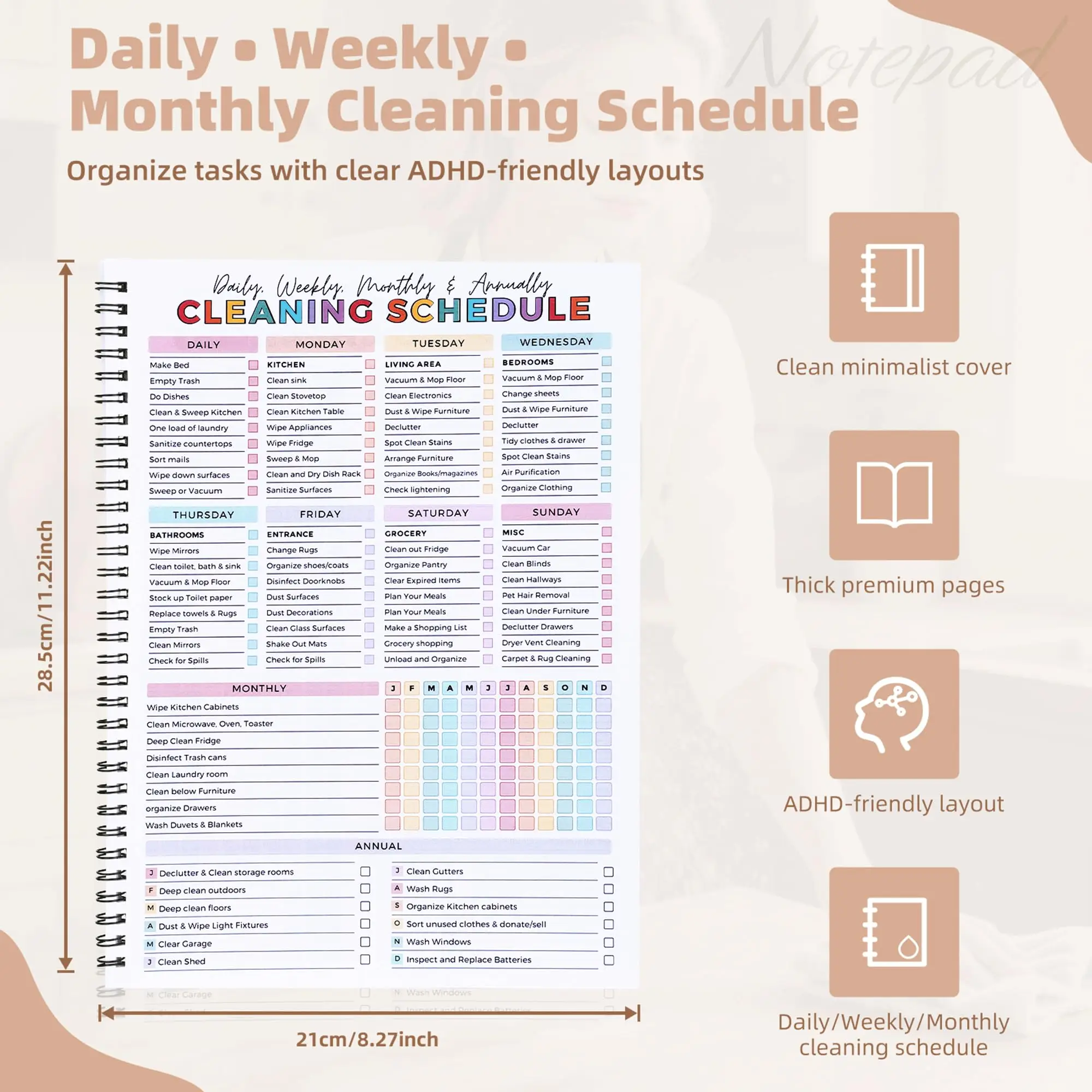 ADHD Cleaning Planner for Adults – Undated Daily, Weekly & Monthly Cleaning Schedule & Checklist – Household Chores Organizer