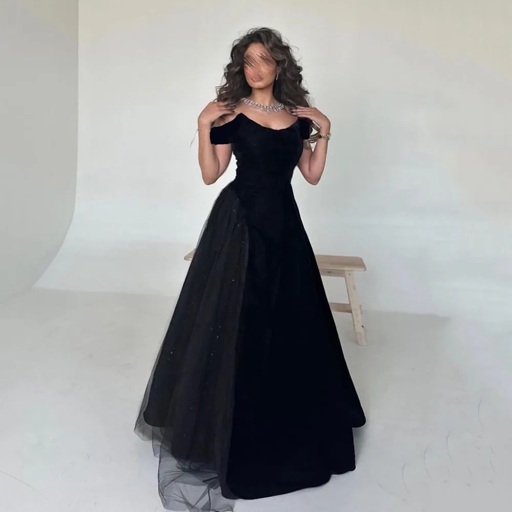 

Msikoods Black Elastic Satin Evening Dress With Glitter Tulle Draped Prom Gowns Prom Dress 2024 Saudi Arabric A Line Party Dress