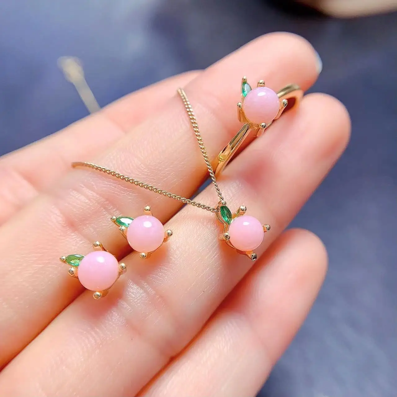 KJJEAXCMY Girls' Jewelry 5x5mm Natural Pink Opal Necklace Pendant Ring Earnail Set 925 Pure Silver Electroplating 18K Gold
