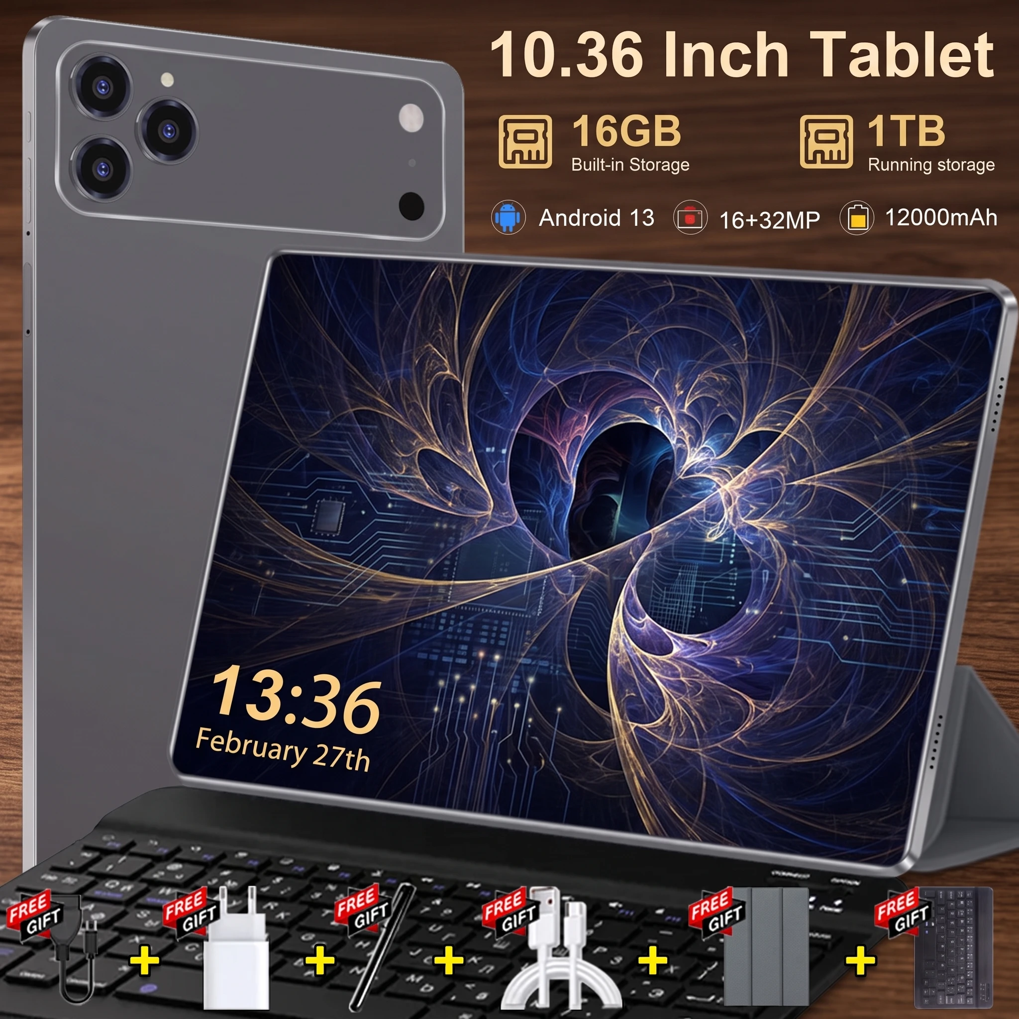 Tableta 5G con conectividad total, pantalla de 10,36 pulgadas, Android 13, 16 GB de RAM, 1 TB de almacenamiento, batería de 12000 mAh