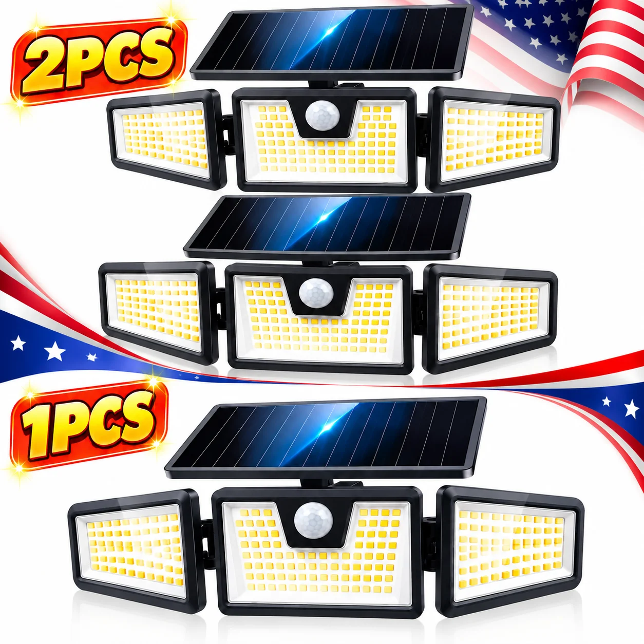 1/2PCS Solar Outdoor Lights, 3 Adjustable Heads LED Motion Sensor Security Light, 270° Wide Angle Solar Powered Wall Light with PIR Sensor, Super Bright Waterproof Solar Flood Light for Yard, Garage, Porch, Garden, Patio
