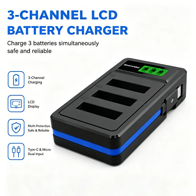 EN-EL12 3-Slot Triple Battery Charger for Nikon Coolpix A1000,B600,AW130,AW110,AW100,A900,W300,S1200pj,S9900,S9700,S9500,S9400
