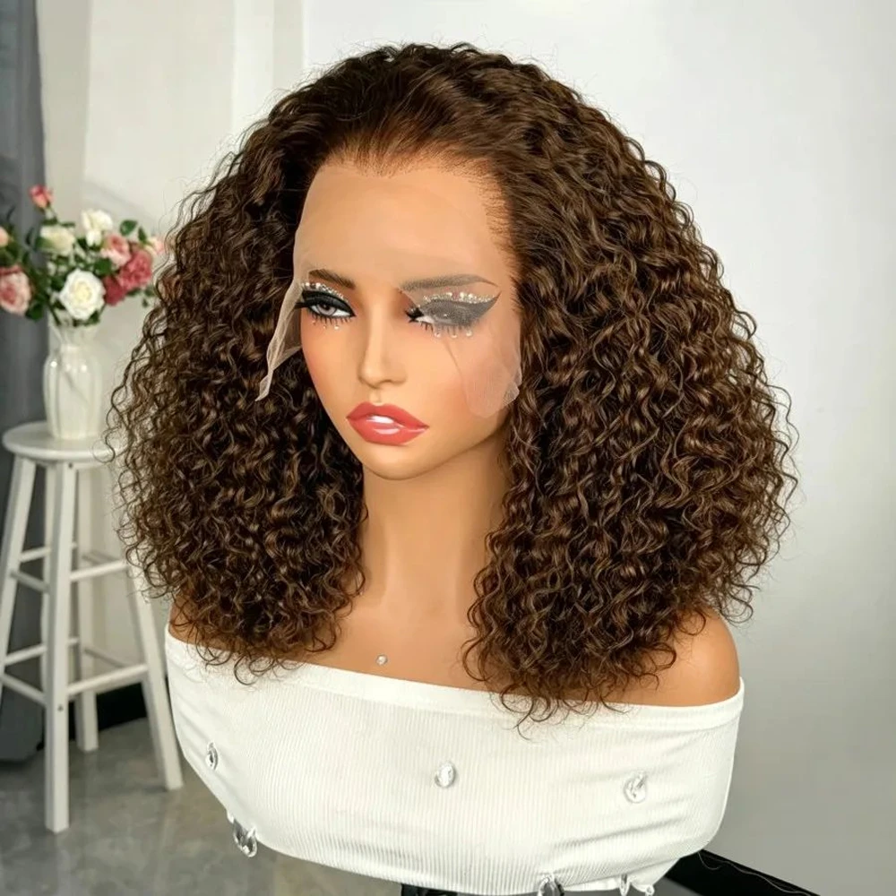 250% Density Curly Deep Wave Short Bob Wig Chocolate Brown Human Hair 13x4 Lace Front Wigs For Black Women Human Hair Pre Plucked Short Wet And Wavy Chocolate Brown #4 Lace Front Bob Wig