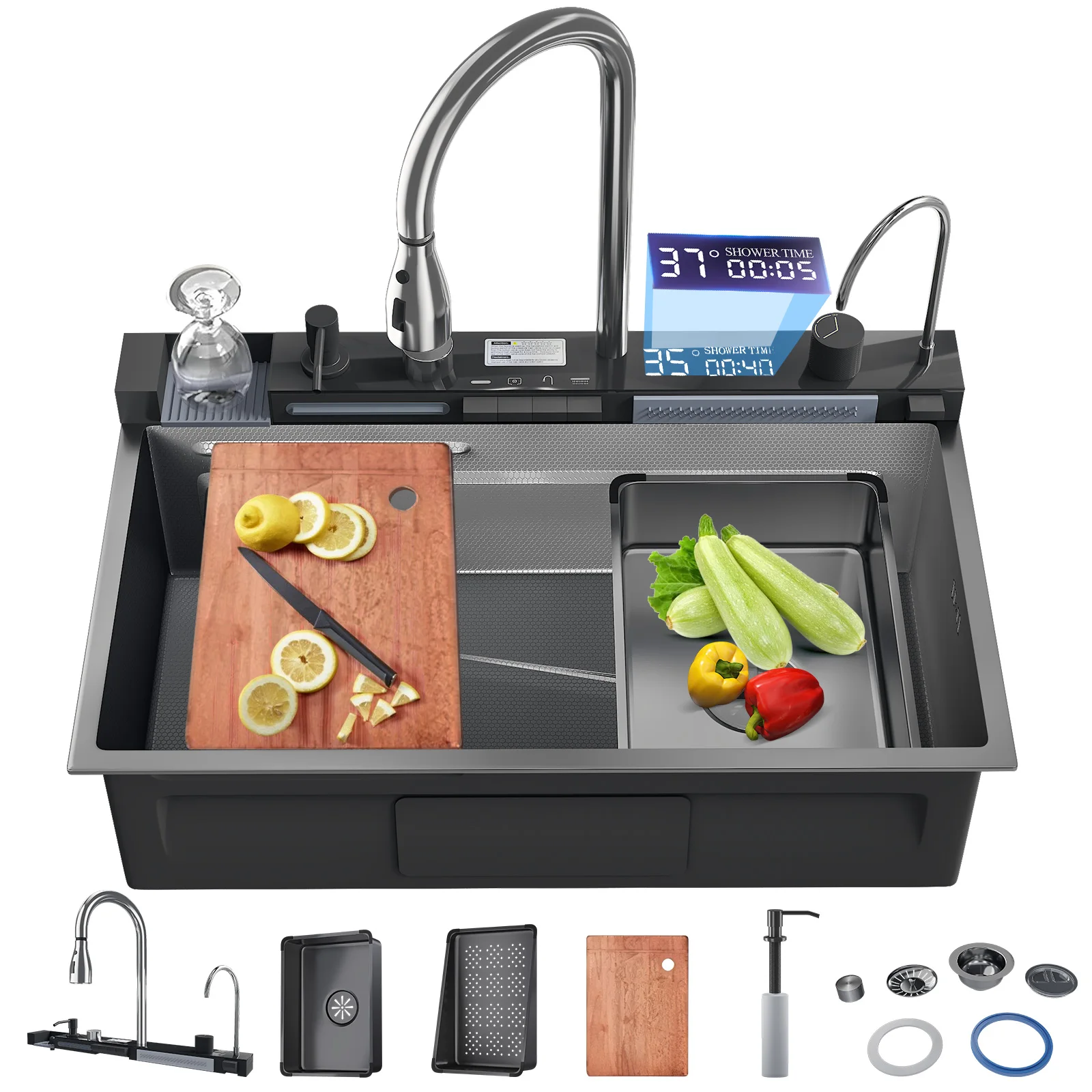 Évier de cuisine cascade en acier inoxydable, grand fente unique, ensemble de robinets à affichage numérique intégré, distributeur de savon, lave-tasse 75x46cm