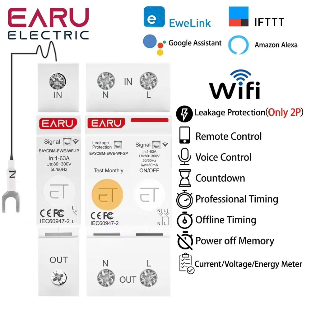 EWeLink WiFi Smart Circuit Breaker 1P+N 2P Energy Meter Power Consumption KWh Leakage Protection Timer Switch Relay Voltmeter