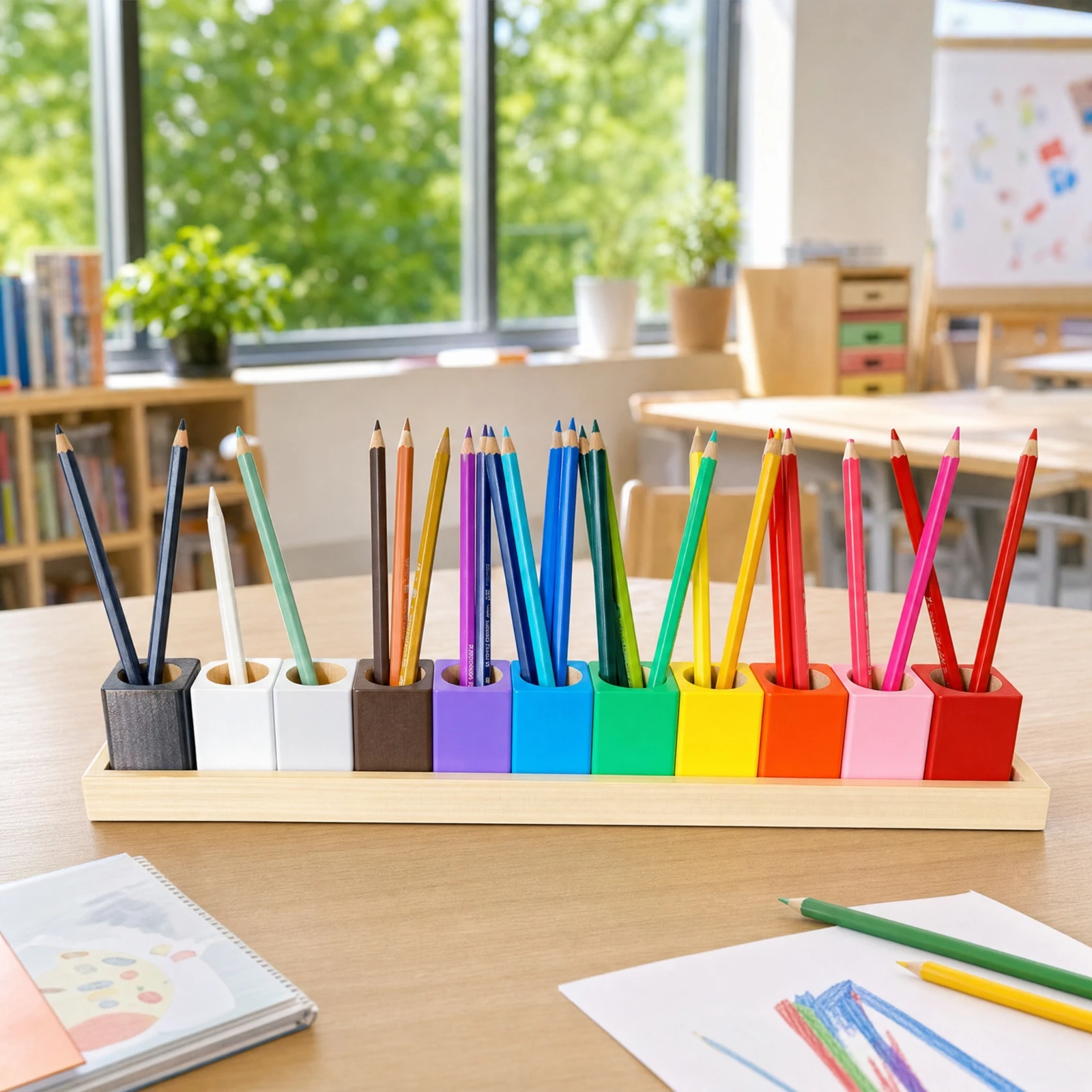 Wooden Pen Holder with Cups Multi-Color Desktop Pencil Cup Organizer Colorful Pencil Holder Organizer for Teachers, Study Desk,