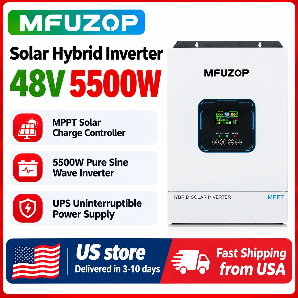 MFUZOP 48V 5500W Solar Hybrid Inverter MPPT & RS232 48VDC to 110/120V AC Pure Sine Wave  Home & Off-Grid  US Stock, 3-10 Day Delivery