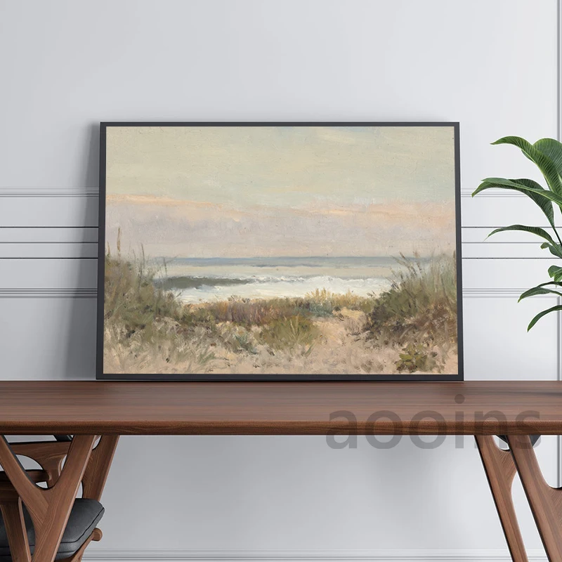 Moody Seascape Vintage Oil Painting Canvas Poster Neutral Coastal Gallery Wall Art Print Beach Landscape Pictures Nautical Decor