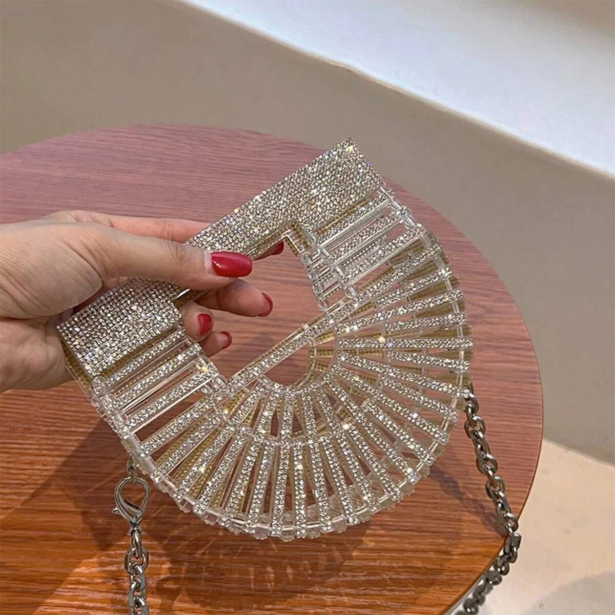 

women's half moon banquet bag hollow out diamond basket wallet mini evening handbag shiny crossbody bag