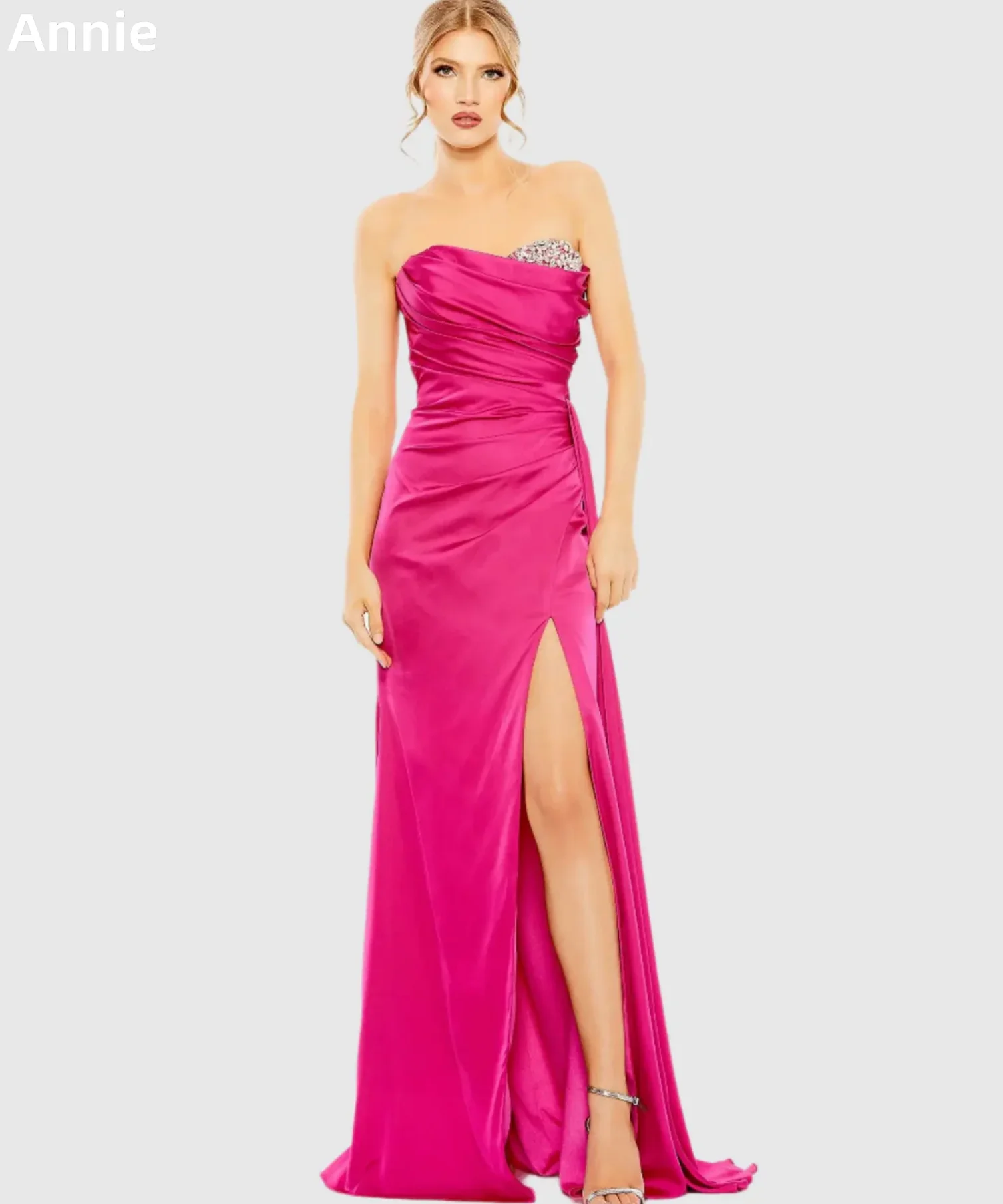 

Annie Hot Pink Prom Dresses Glitter Beads Evening Dresses Mermaid Side Slit Ladies Elegant lady Party Dresses فساتين سهرة
