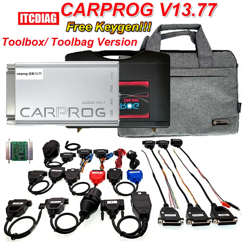 Online Carprog V13.77 Free Keygen SN SERG2000CAR000UA Newest With Toolbox/Bag For Airbag/Radio/IMMO OBD2 ECU Reset Repair Tool