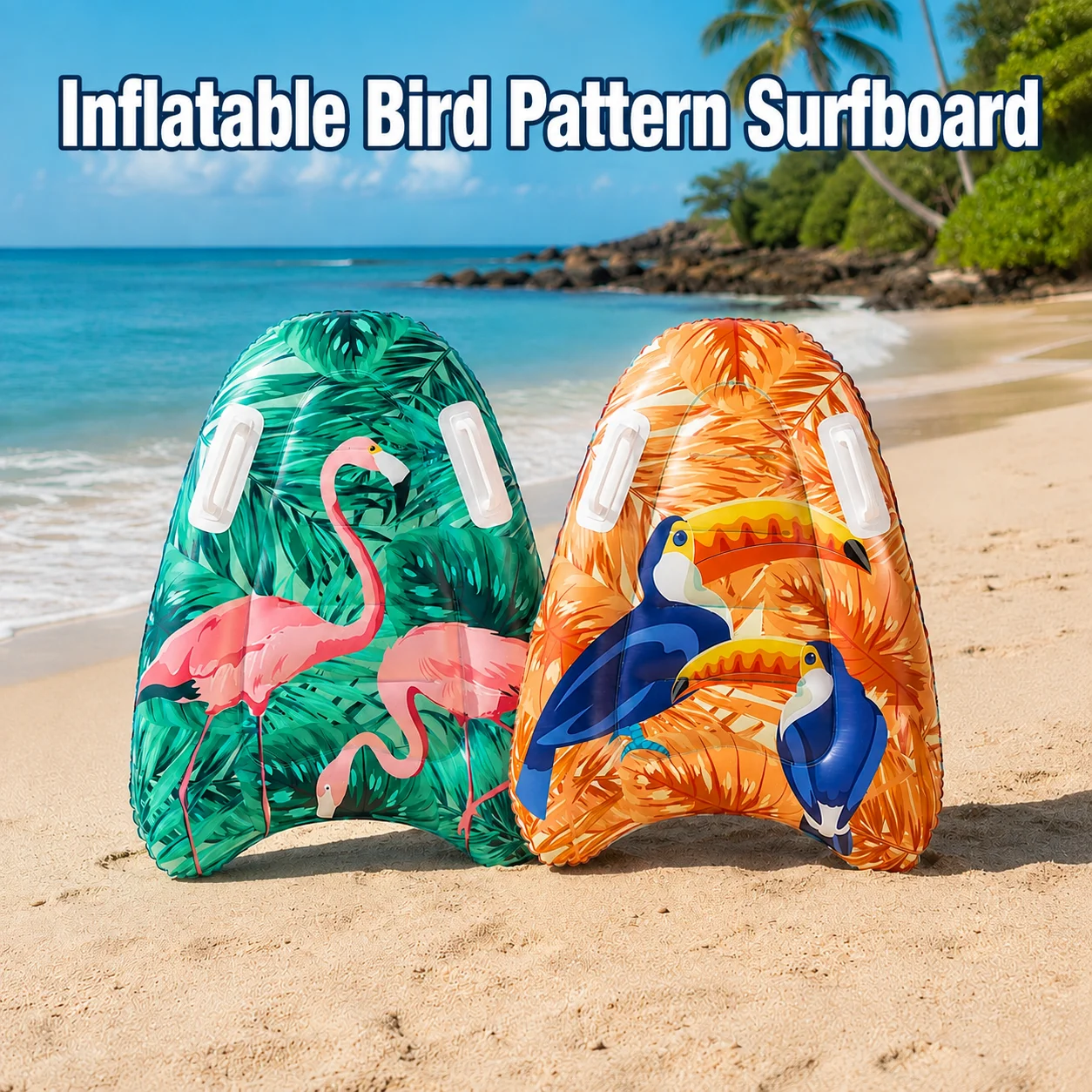 Inflatable Bird Pattern Surfboard with Dual Handles Portable Bodyboard Swimming Float for Pool Beach Summer Water Fun