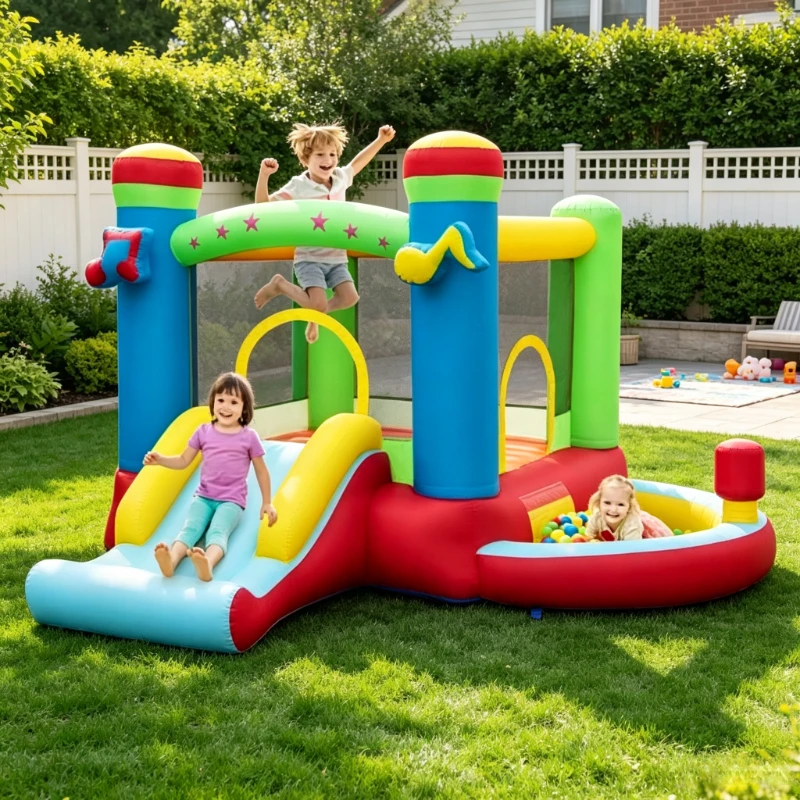 Château gonflable pour enfants sur le thème de la musique, avec interaction sonore, sans souffleur. Espace de jeu gonflable sécurisé pour enfants, le design sonore interactif ajoute du plaisir aux divertissements intérieurs et extérieurs.