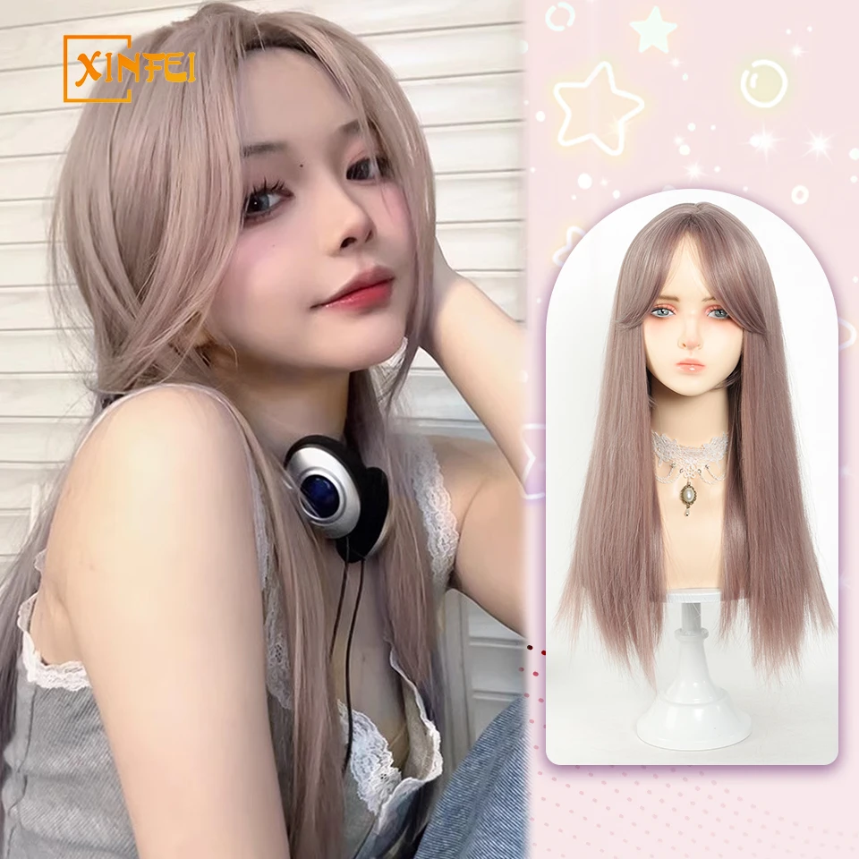 Wig sintetis panjang bergelombang abu-abu ungu Wig dengan poni Wig wanita pesta harian Cosplay Wig Natal untuk wanita Wig abu-abu ungu