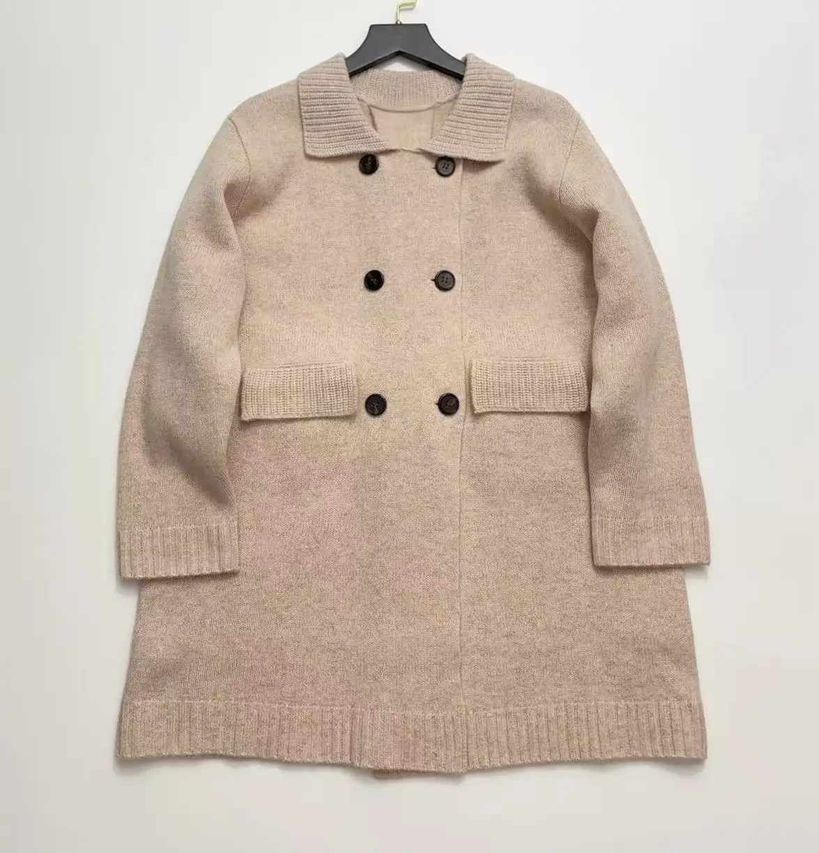 

High Quality Women Wool Double Breasted Turn-down Collar Knitted Cardigan Tops Elegant Chic Luxury Sweet Casual Solid Sweater