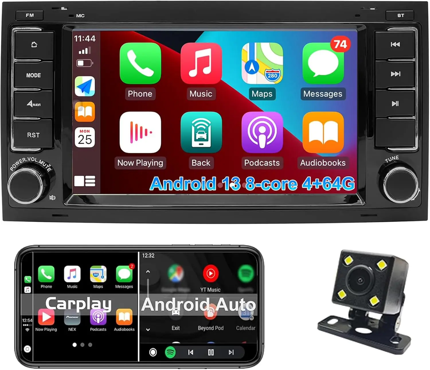 Android Car Stereo for VW Volkswagen Touareg T5 Transporter, 7 Inch IPS Touch Screen Radio with Wireless CarPlay & Android Auto, Bluetooth FM SWC Backup Camera, 4GB+64GB GPS Navigation Head Unit