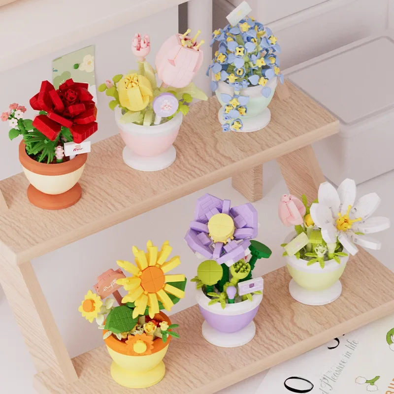 Nouveaux Pots de fleurs, fleurs immortelles, blocs de construction succulents, Roses et tulipes, jouets éducatifs, cadeaux d'anniversaire pour enfants