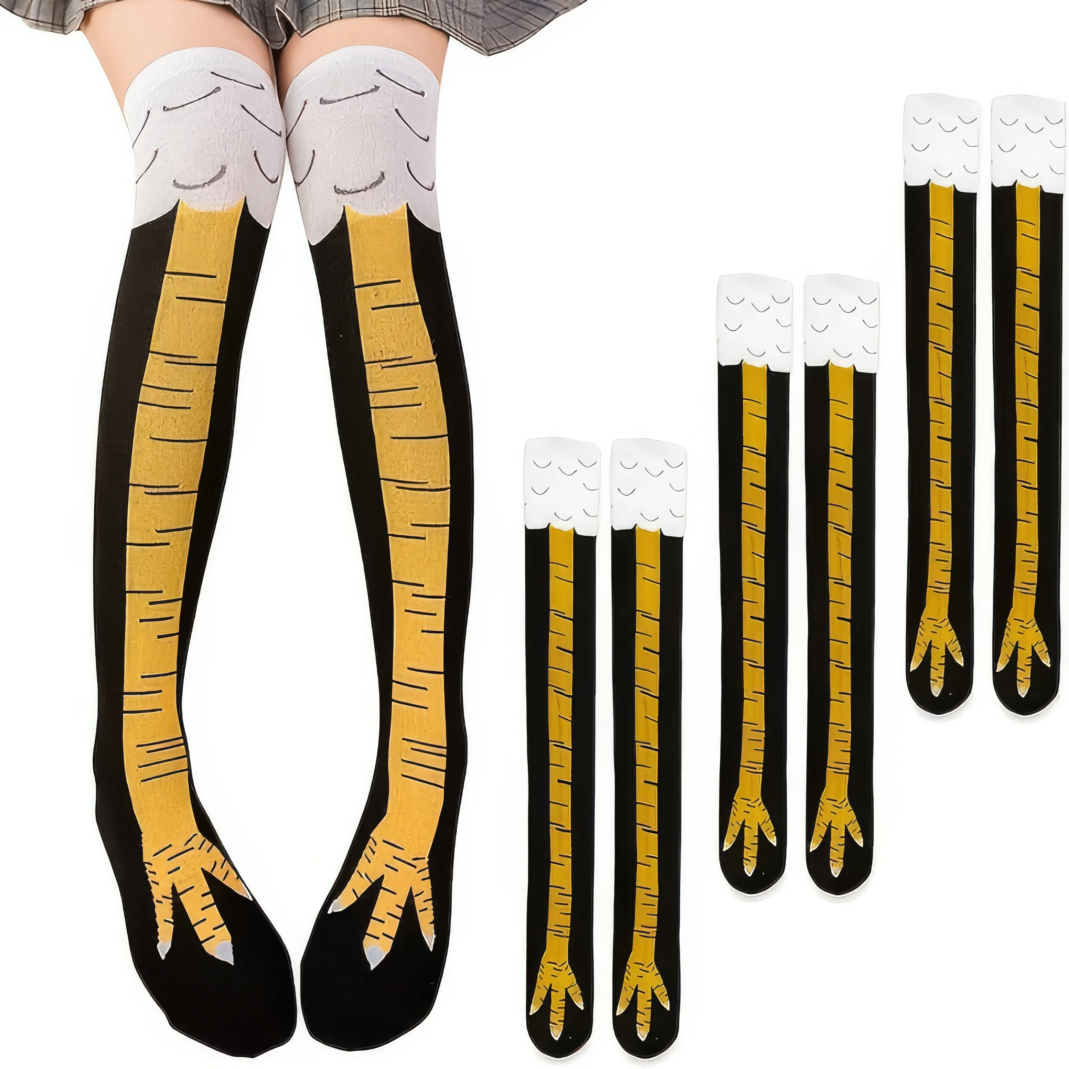

3 Pair Chicken Claw Socks - Over-the-Knee Length 43cm, Black/Yellow Stripes, Soft Knit, 3D Claw Design for Fun Outfits