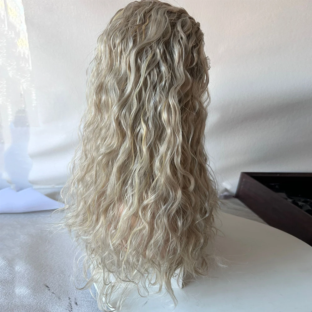 26 "Lange Blonde Highlights Krullend Pruik Hittebestendige Vezels Synthetische Kant Voorkant Pruik Menselijk Haar Mix Pruik Voor Vrouwen Dagelijks Dragen