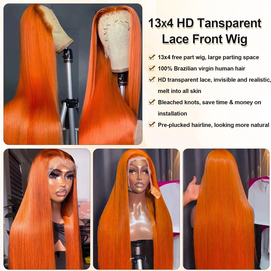 شعر مستعار الزنجبيل شعر الإنسان 13x4 مستقيم الدانتيل الباروكات الأمامية شعر الإنسان Hd شفاف 350 # باروكات شعر بشري باللون البرتقالي والزنجبيل للنساء #5