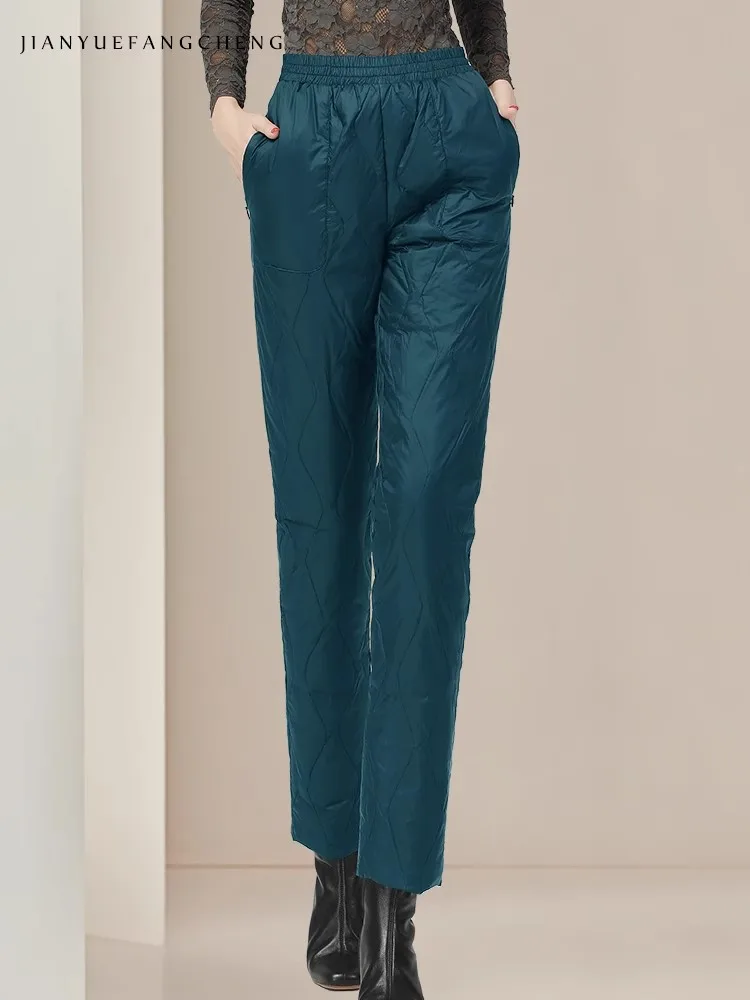 أزياء المرأة أسفل سروال رصاص لفصل الشتاء مرونة الخصر الدافئة سميكة بطة بيضاء أسفل مبطن السراويل الطويلة مع جيوب