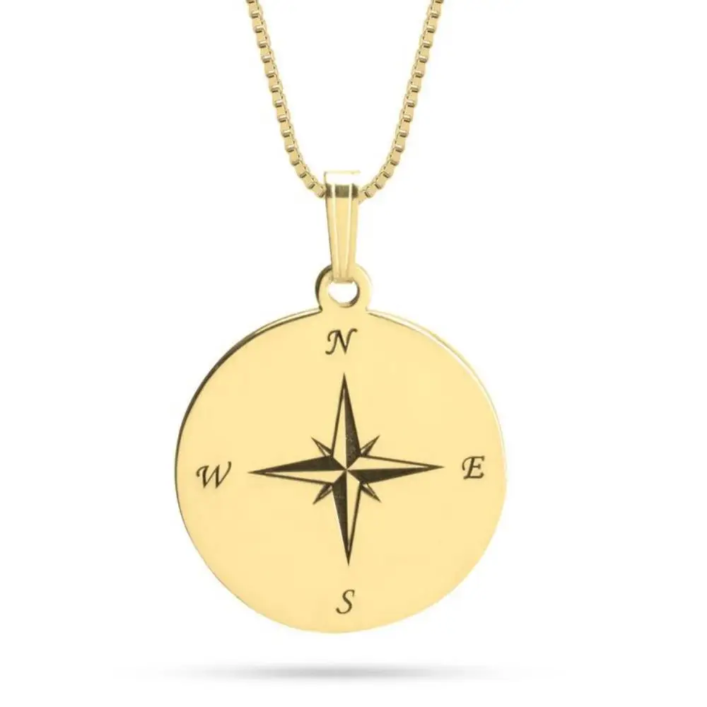 

Custom Compass Name Necklace Personalized Back Engraved Text Stainless Steel Round Pendant Unique Jewelry Birthday Gift for Him